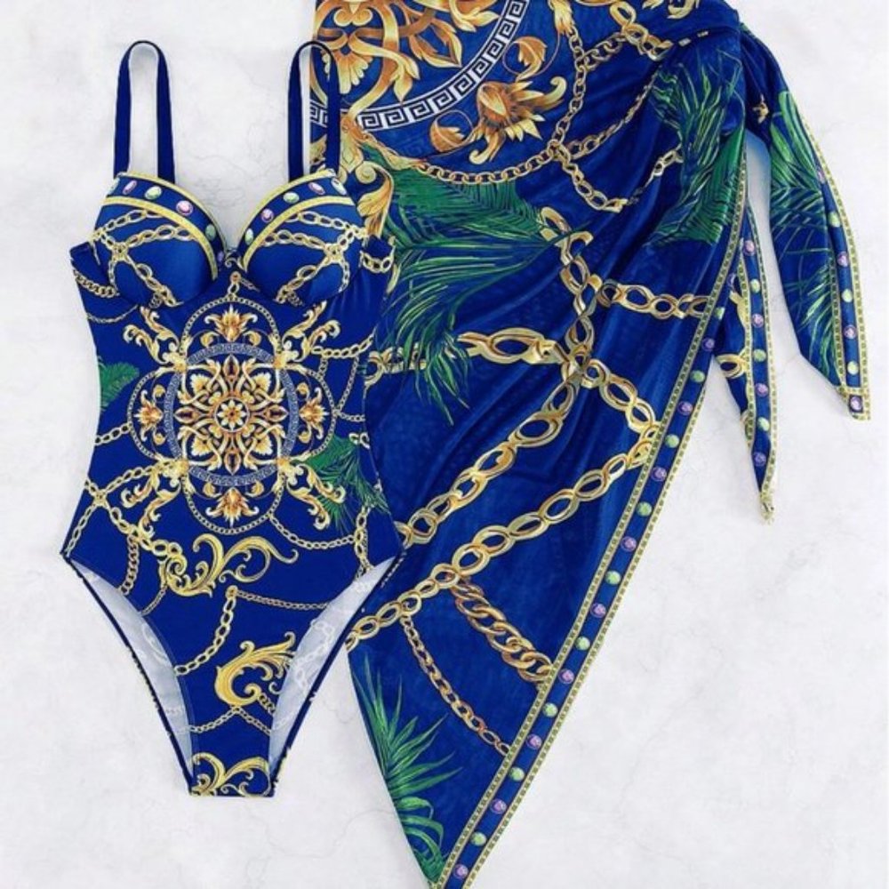 Blue Chain Print Push Up One Piece Swimsuit With Beach Skirt - Picture 9 of 11